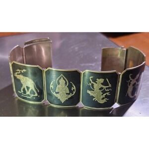 Siam Sterling Panel Bracelet Women 7in Silver 1930s Niello Handmade Detailed